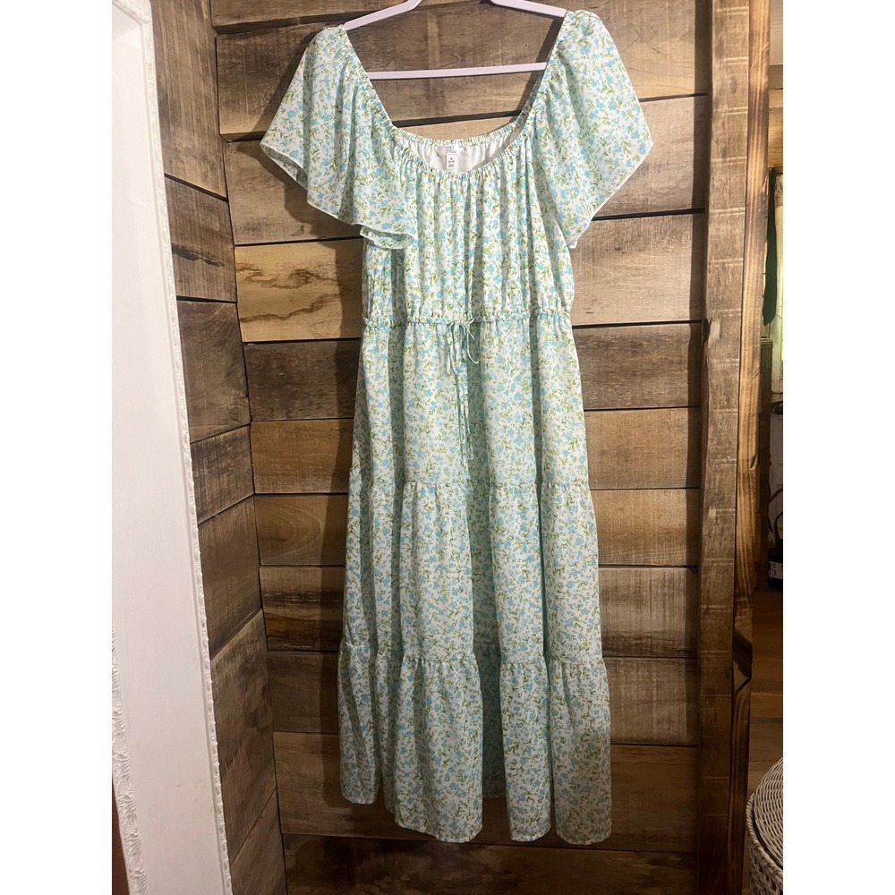 Time and Tru Womens Floral Tiered Maxi Dress Blue Green Flutter Sleeve Medium